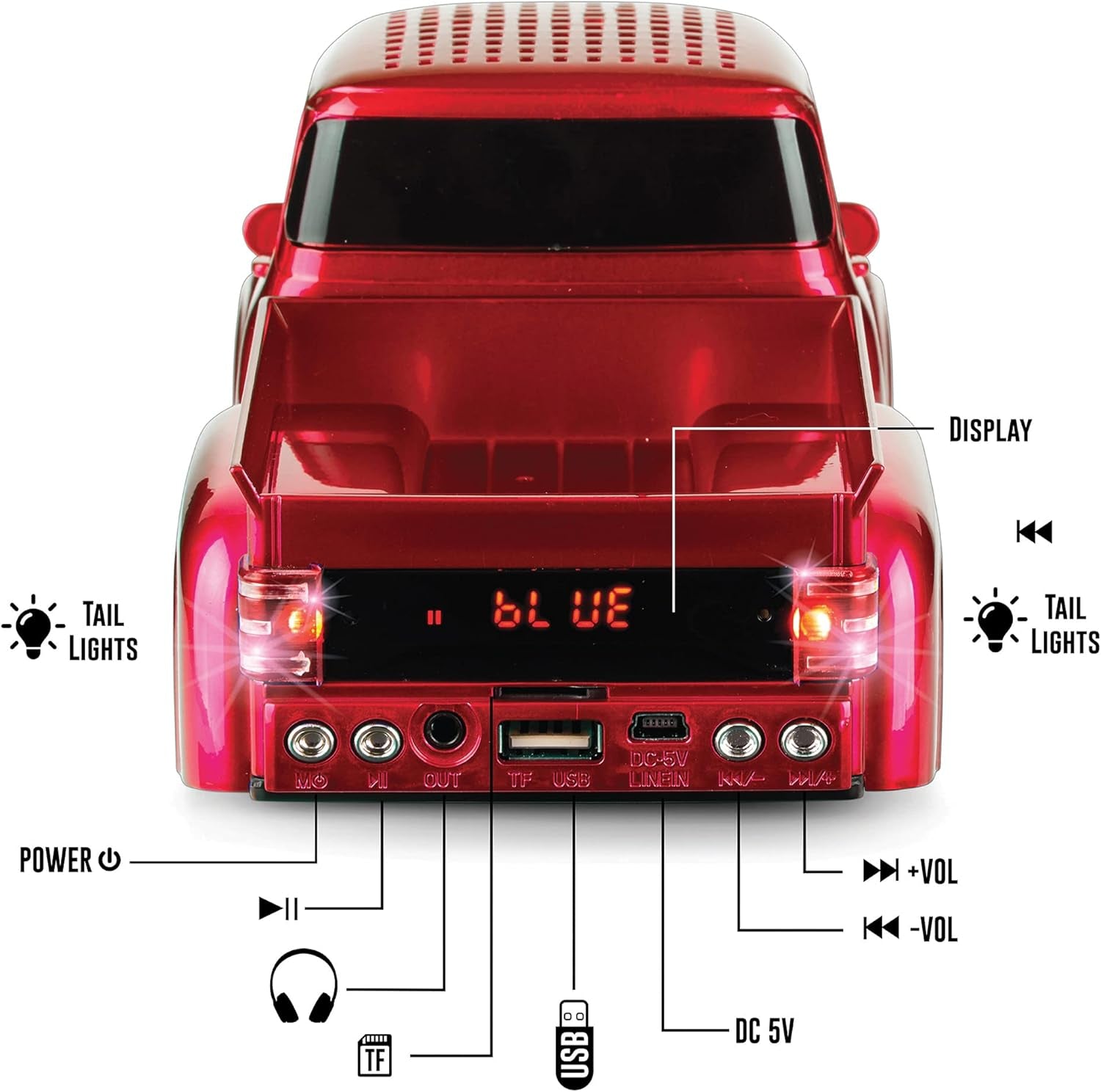 Bluetooth 1956 Pickup Truck Replica Speaker, 3-Inch Speakers, Hands Free Link, Built-In Microphone, FM Radio and LED Party Lights, Red - BT-1956 RD