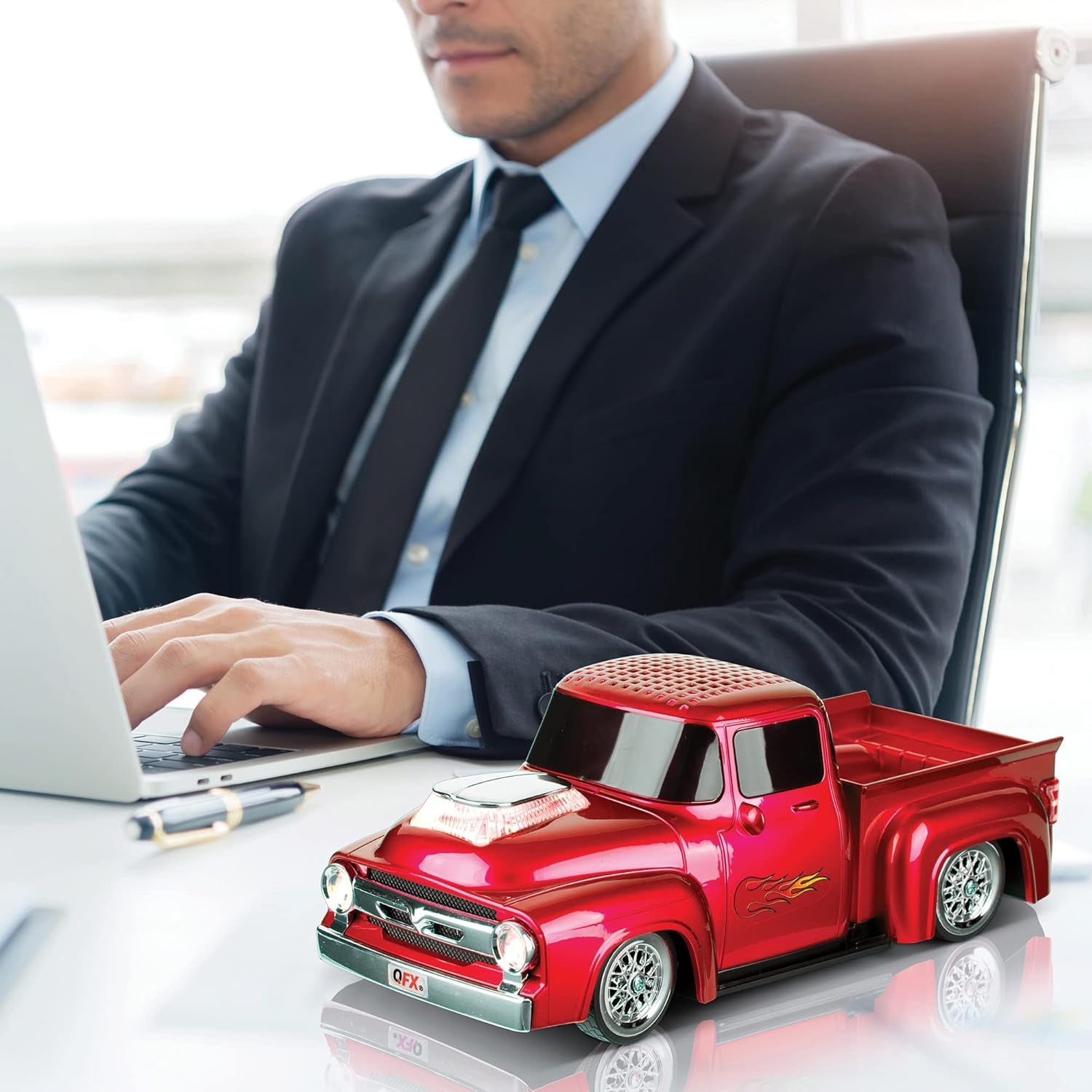 Bluetooth 1956 Pickup Truck Replica Speaker, 3-Inch Speakers, Hands Free Link, Built-In Microphone, FM Radio and LED Party Lights, Red - BT-1956 RD