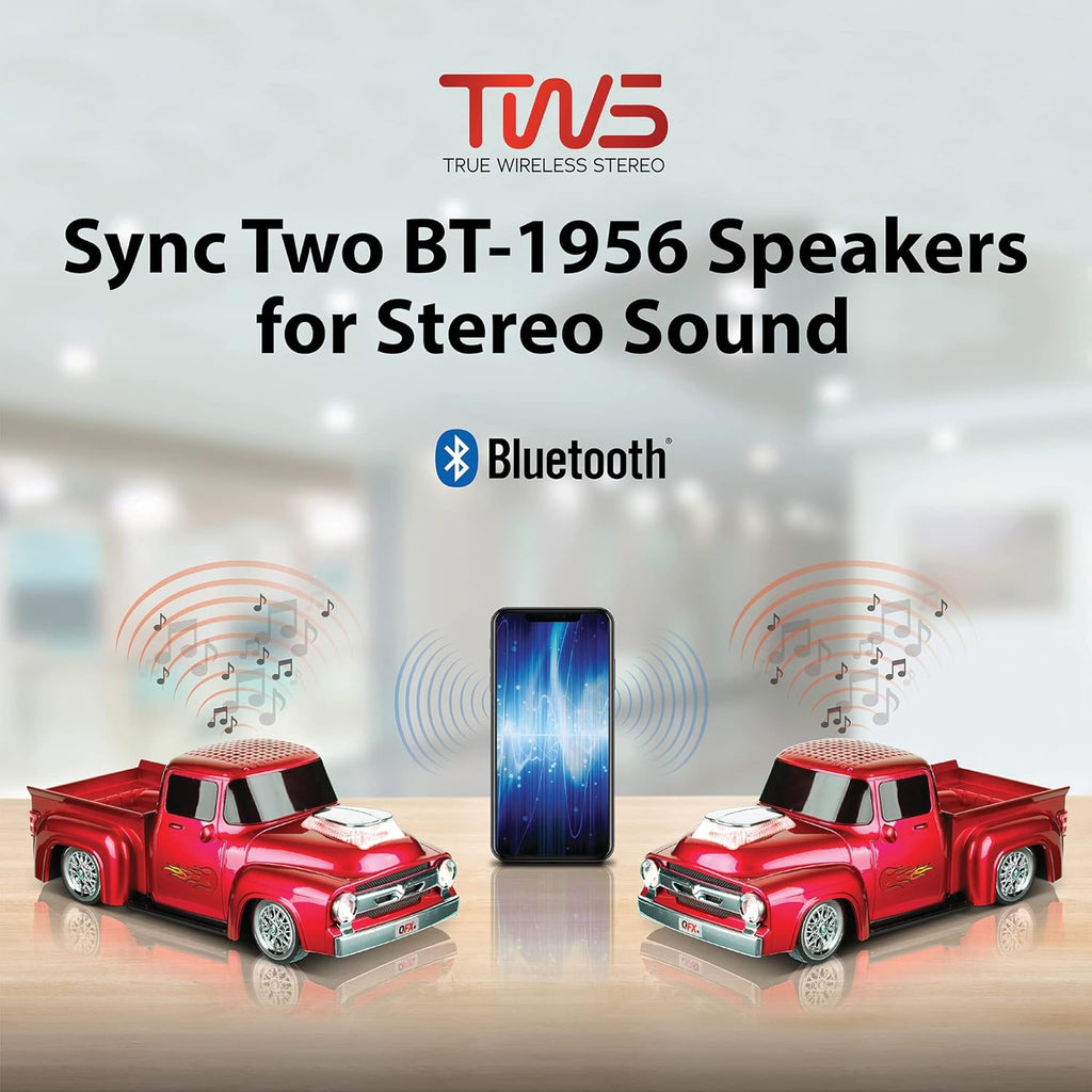 Bluetooth 1956 Pickup Truck Replica Speaker, 3-Inch Speakers, Hands Free Link, Built-In Microphone, FM Radio and LED Party Lights, Red - BT-1956 RD