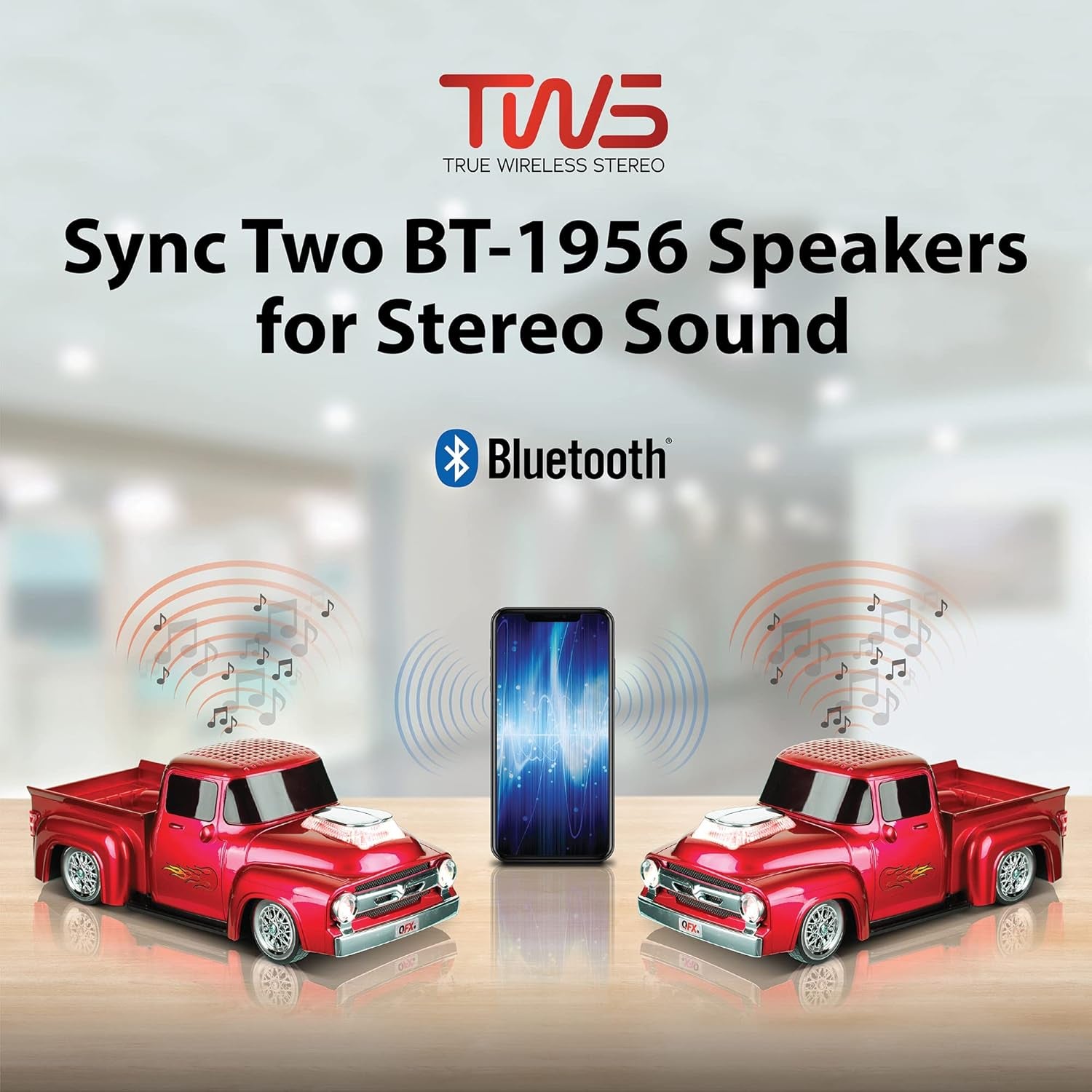 Bluetooth 1956 Pickup Truck Replica Speaker, 3-Inch Speakers, Hands Free Link, Built-In Microphone, FM Radio and LED Party Lights, Red - BT-1956 RD