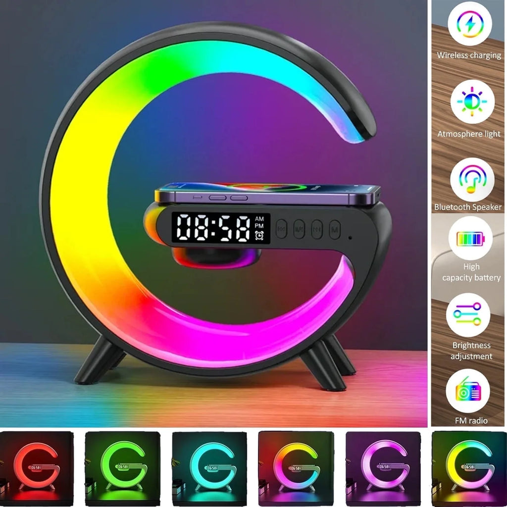 Wireless Speaker, G Shape Table Lamp,Adjustable Brightness Atmosphere Lamp Night Lightwith Alarm Clock & Charging Function,Gifts(Black)
